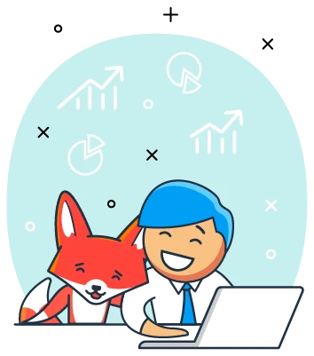 The fox and a consultant celebrating at a laptop