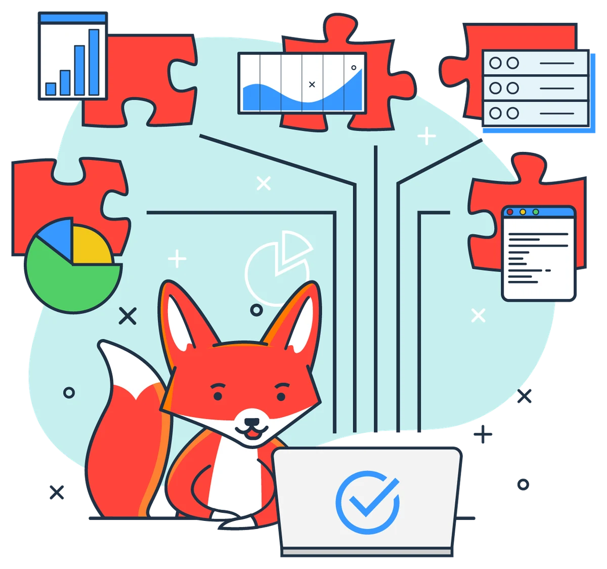 The fox connecting data sources like puzzle pieces