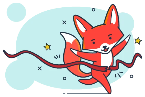 The DashboardFox fox breaking through a finish-line ribbon