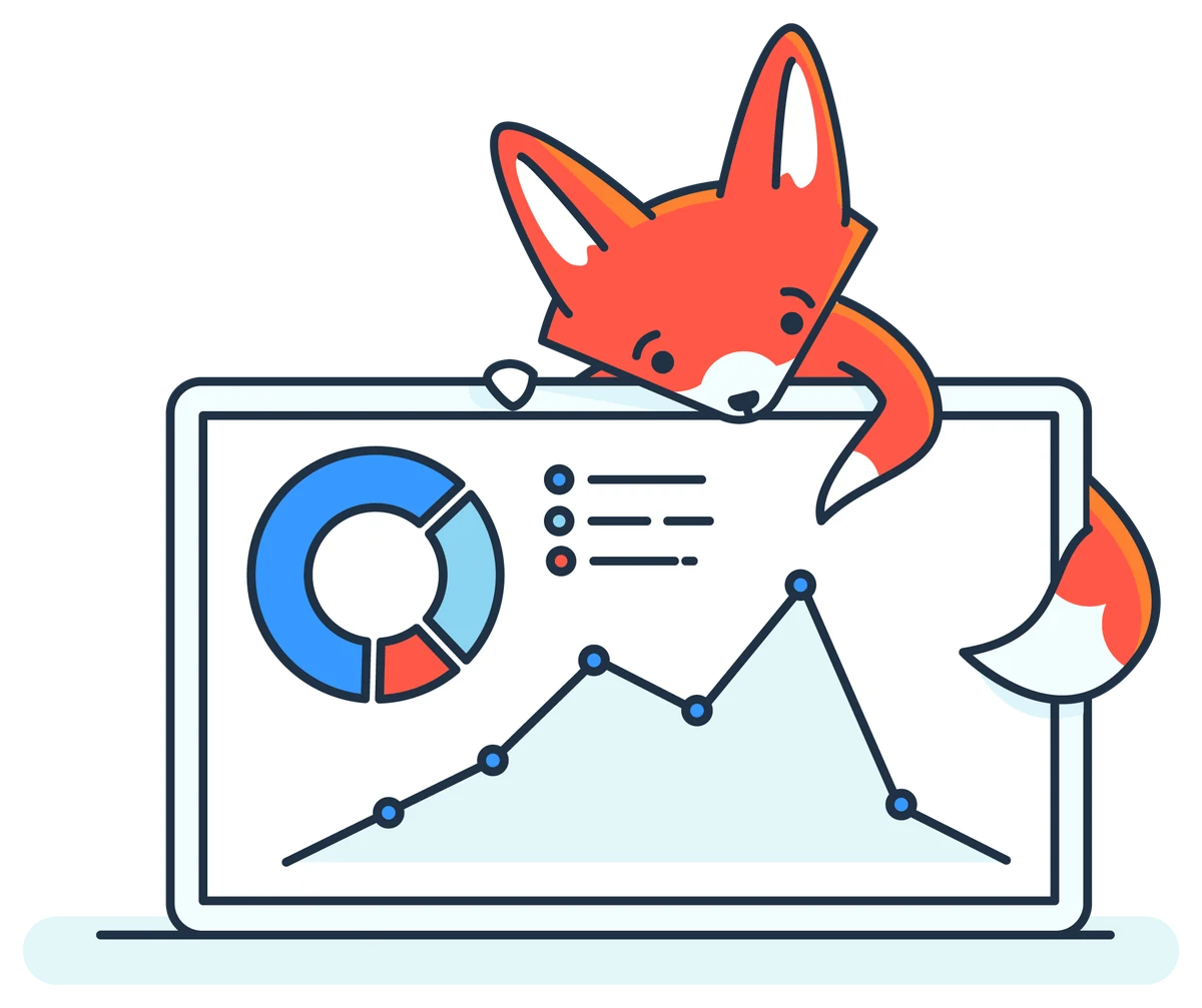 The DashboardFox fox looking at charts on a laptop