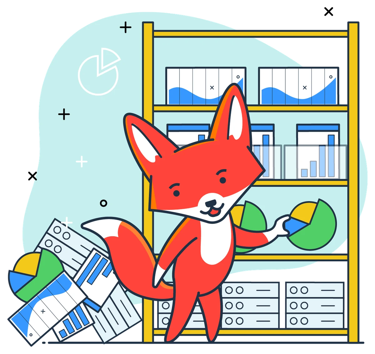 The fox picking charts from a shelf of dashboards