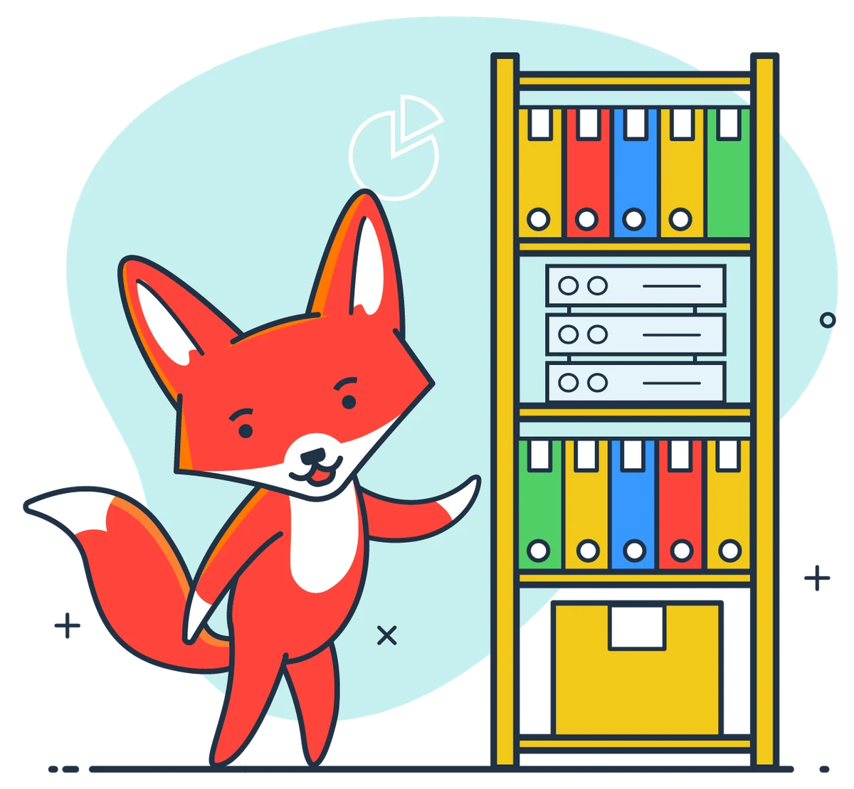 The fox next to a neatly organised shelf of files