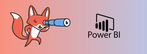 DashboardFox - A cartoon fox uses a telescope to look at the Microsoft Power BI logo, symbolizing Yurbi’s custom dashboards and integration capabilities, set against a red-to-purple gradient background.